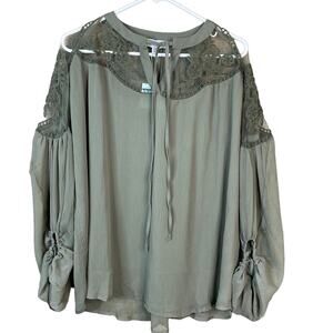 Hayden Sheer Lace Tie Front Peasant Top Olive Green Size Small Medium NWT